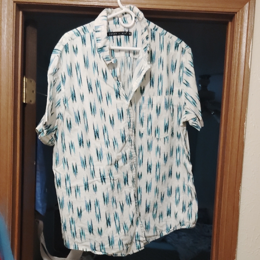 Ash Blue and White Casual Button Down Shirt with Artistic Flair